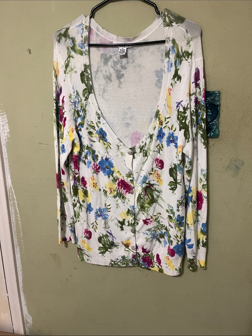 Lightweight Floral V-Neck Button Cardigan - White Multicolor